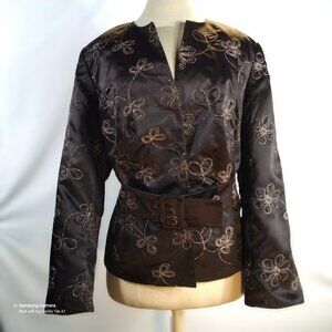 Isabella Womens Brown Satin Gold Glitter Flowers Belted Jacket Size 14W NWT